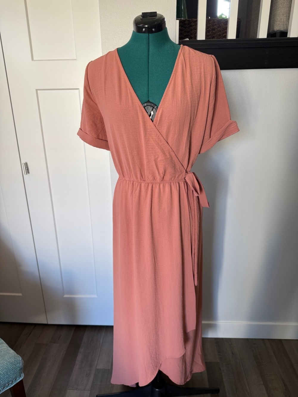 Women's Salmon Wrap Midi Dress with Tie Waist